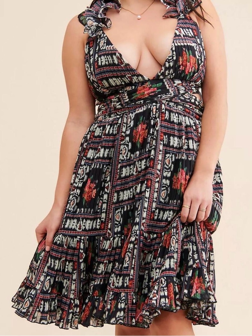 Free People Floral Print V-Neck Black Dress